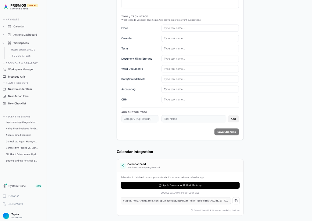 PRISM Tech Stack Settings